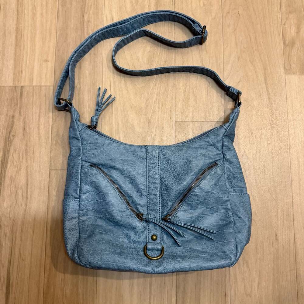 Bueno Blue Crocodile Texture Shoulder Bag with Tassels and Zipper Pockets